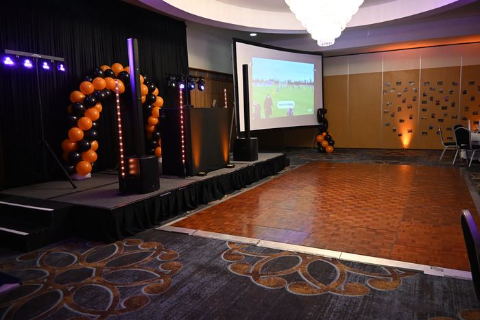 Webber Discos stage, lighting and dancefloor set up