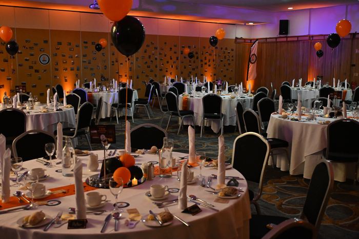 Venue dressed and lit for an evening party